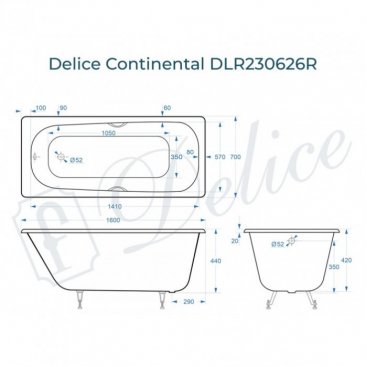 Ванна Delice Continental 160x70 с отверстиями под ручки