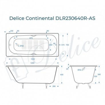 Ванна Delice Continental 120x70 с отверстиями под ручки и антискользящим покрытием