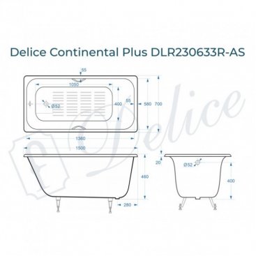 Ванна Delice Continental Plus 150x70 с отверстиями под ручки и антискользящим покрытием