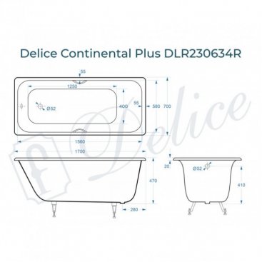 Ванна Delice Continental Plus 170x70 с отверстиями под ручки