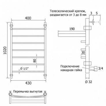 Полотенцесушитель водяной Aquanet Romeo ЛД ВП 1000x400 с полкой