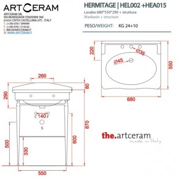 Раковина с консолью ArtCeram Hermitage HEL002+HEA015