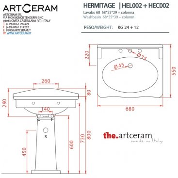 Раковина с пьедесталом ArtCeram Hermitage HEL002 цвет белый