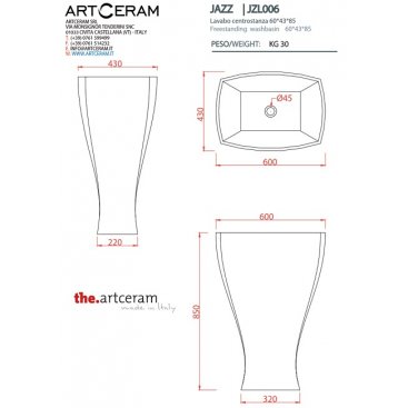 Раковина отдельностоящая ArtCeram Jazz JZL006 цвет белый