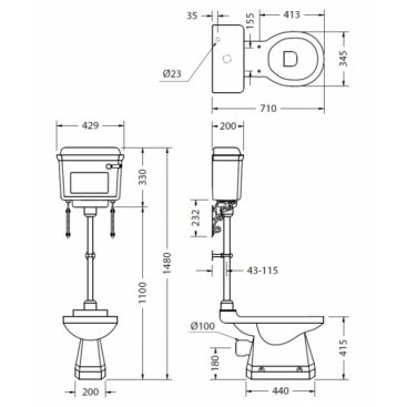 Унитаз со средним бачком Burlington P5+T71 CHR+T33 CHR