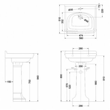 Раковина Burlington Guild GU0561SCW с пьедесталом GU0101CW