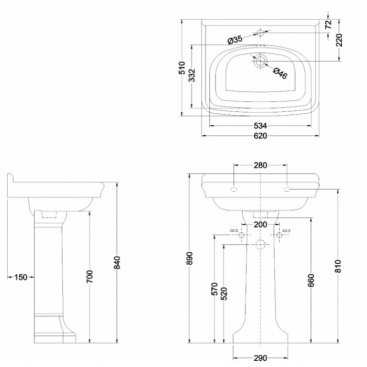 Раковина Burlington Guild GU0621SCW с пьедесталом GU0101CW