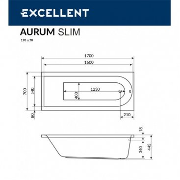 Ванна Excellent Aurum Slim Hydro+ 170x70 хром