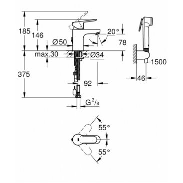 Смеситель для раковины с гигиенической лейкой Grohe BauEdge 23757000