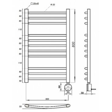 Полотенцесушитель электрический Grois Todor 500x800 черный матовый