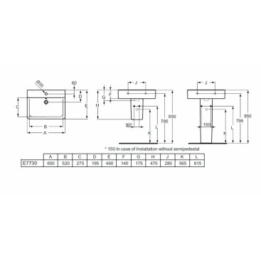 Раковина Ideal Standard Connect Cube E773001 65 см