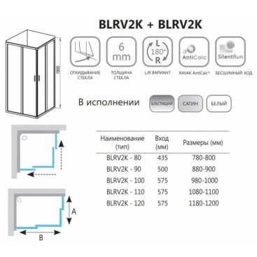 Душевой уголок Ravak Blix BLRV2K/BLRV2K 100x90 сатин Transparent