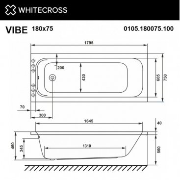 Ванна Whitecross Vibe Soft 180x75 хром