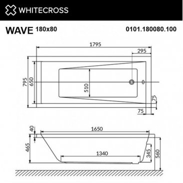 Ванна Whitecross Wave Soft 180x80 хром