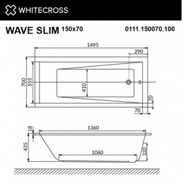 Ванна Whitecross Wave Slim Smart Nano 150x70 золото