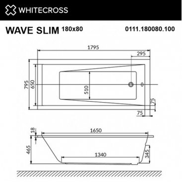 Ванна Whitecross Wave Slim Smart Nano 180x80 хром